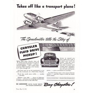 1941 Chrysler Fluid Drive Sedan art "Takes Off Like a Plane" promo print ad